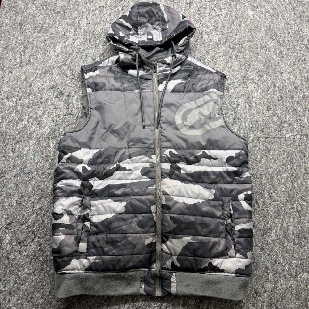 Ecko Unltd Mens Camo Hooded‎ Puffer Vest Grey Black Rhino Logo Size Large
